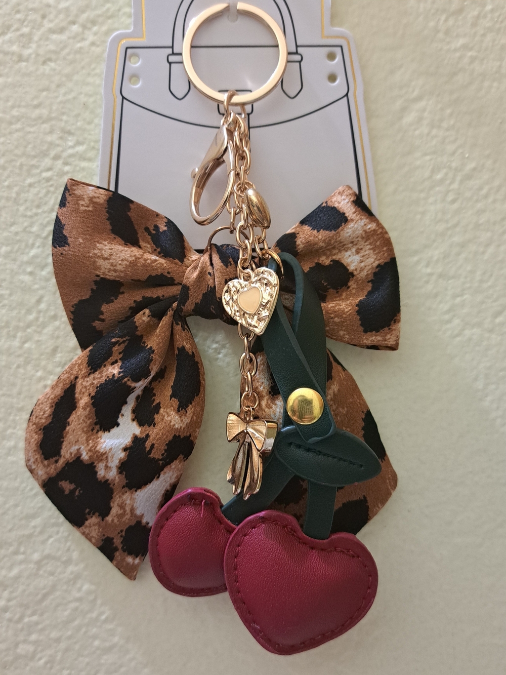 Leopard Bow, Cherry And Heart Bag Charm Keychain